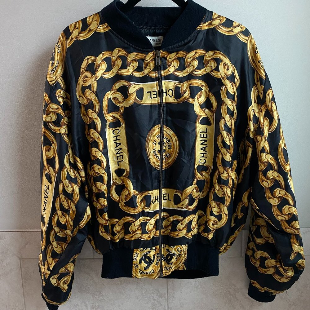 80's-90's Silk Chanel Bomber Jacket w Gold Chains